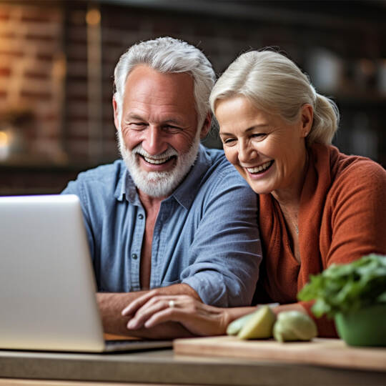 Elderly man and woman are sitting at a table with a laptop
