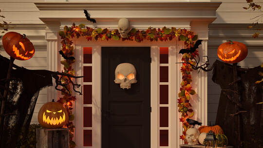 halloween decorated house with pumpkins and skulls. 3d rendering