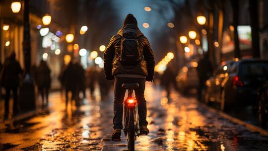 A man riding a bicycle on a rainy evening street
