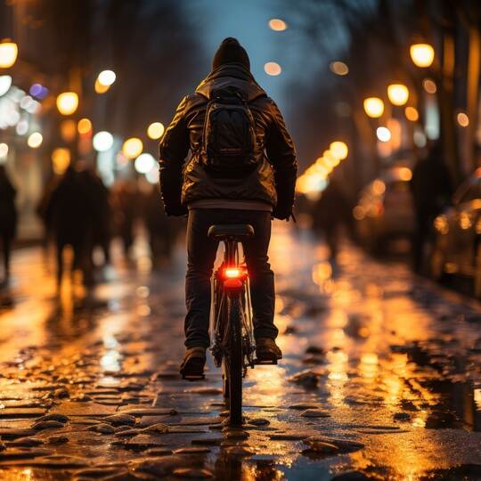A man riding a bicycle on a rainy evening street