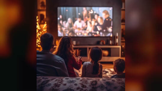 Family sitting together in a cozy living room, watching television and enjoying quality time together. Generative AI
