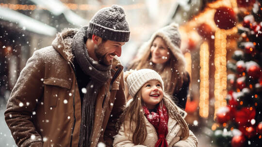Father and child having wonderful time on traditional Christmas market on winter evening. Parent and kid enjoying themselves in