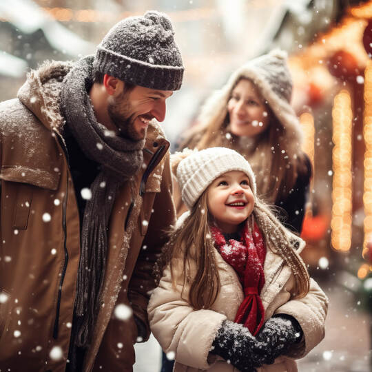 Father and child having wonderful time on traditional Christmas market on winter evening. Parent and kid enjoying themselves in