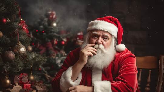 Sad Santa Claus sitting on the background of a Christmas tree