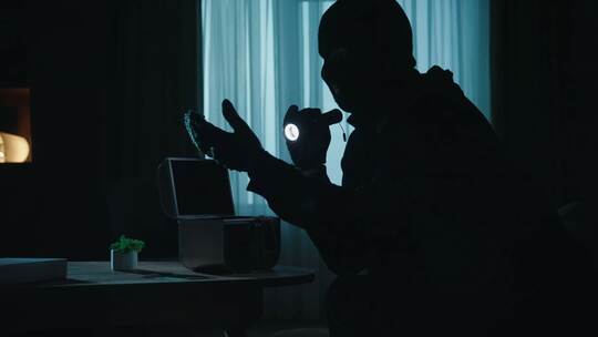 A thief in a black balaclava commits a burglary, stealing valuables. Criminal in a dark apartment with a flashlight close up. Cr