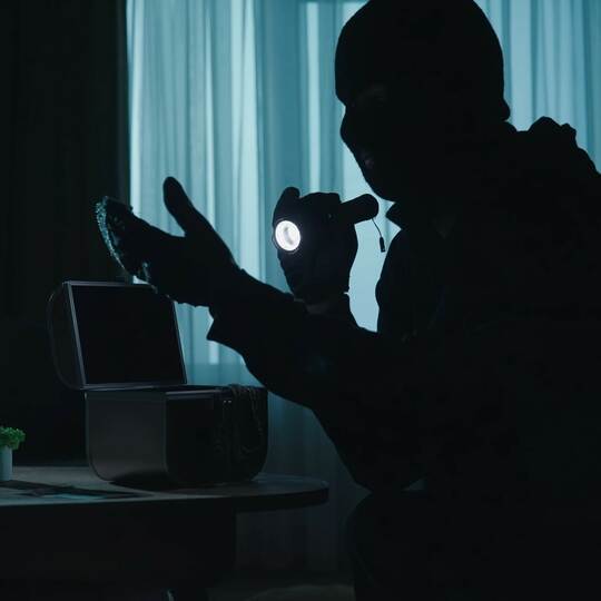 A thief in a black balaclava commits a burglary, stealing valuables. Criminal in a dark apartment with a flashlight close up. Cr