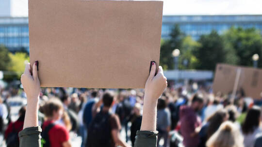 Rear view of people with placards and posters on global strike for climate change.