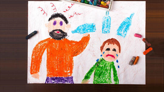 Colorful drawing: father drinking alcohol and crying child