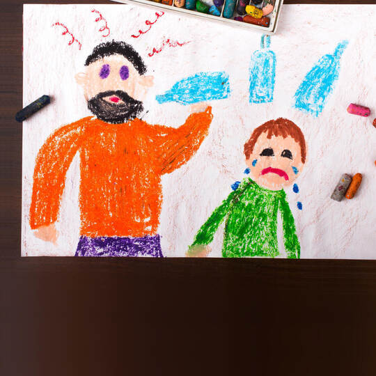 Colorful drawing: father drinking alcohol and crying child