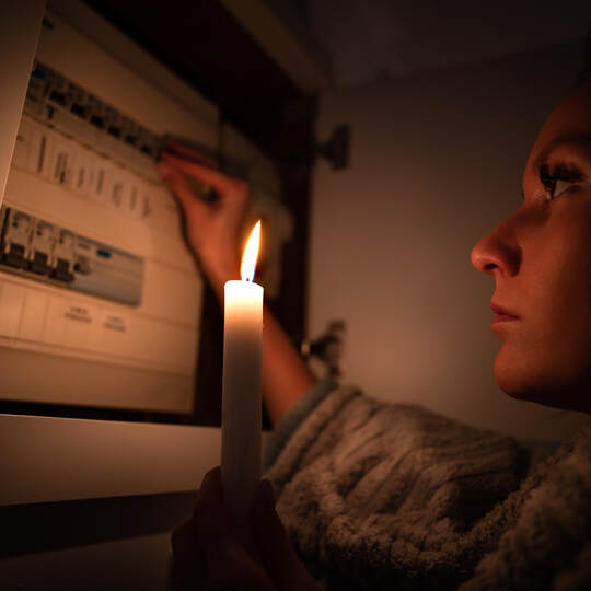 Woman checking fuse box at home during power outage or blackout. No electricity concept