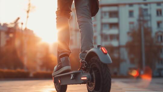 Urban commuter riding electric scooter at sunset
