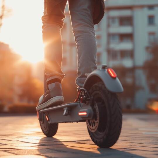Urban commuter riding electric scooter at sunset