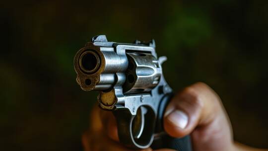 A person holds a revolver in a dimly lit location, showcasing the firearm\'s intricate details and craftsmanship
