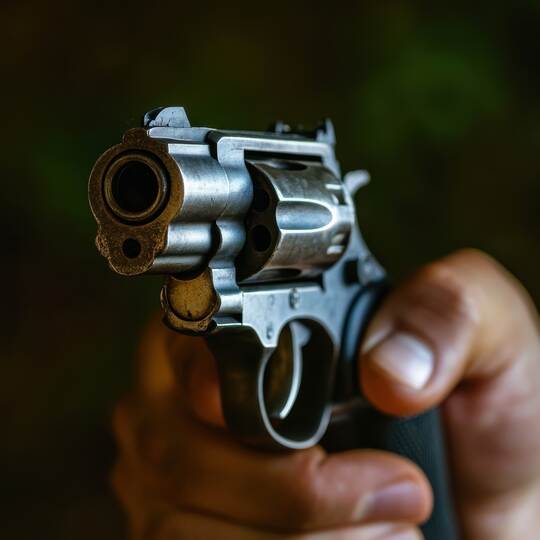 A person holds a revolver in a dimly lit location, showcasing the firearm\'s intricate details and craftsmanship