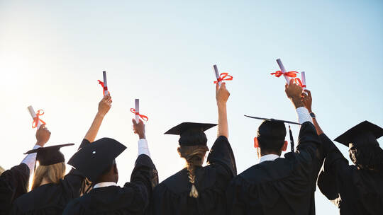 Graduation, diploma or back of students with degree at university for education, opportunity or success. Sky, scholarship or gro